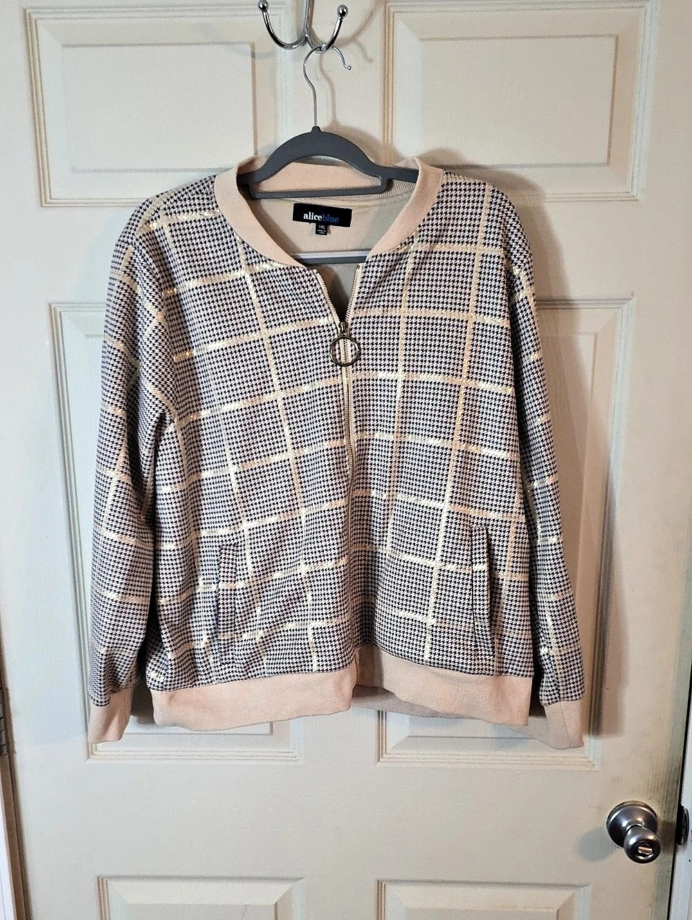Alice Blue Metallic Gold Grid Plaid Bomber Jacket Shimmer Zip Front